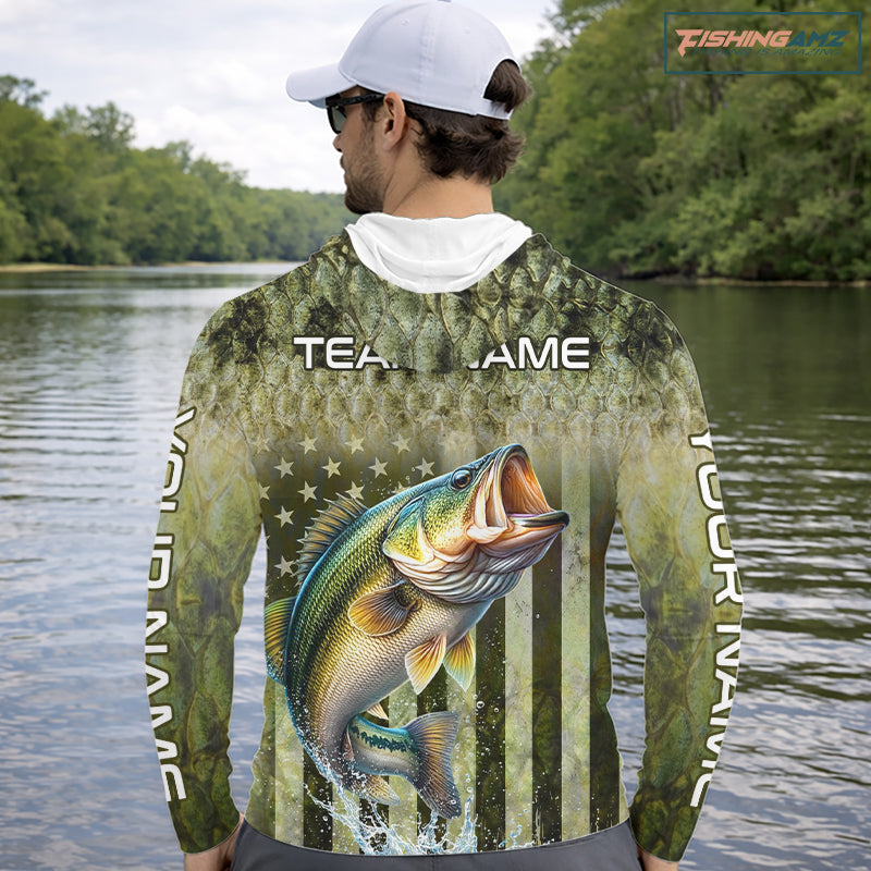Custom Bass Fishing Shirt 3D Personalized Team Name Long Sleeve Hooded UV Protection Fishing Jersey