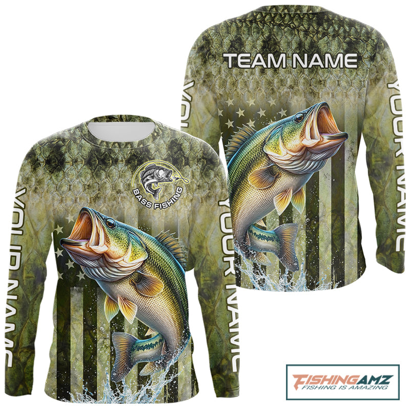 Design American Flag and Custom Bass Fishing Shirt 3D Personalized Team Name Long Sleeve UV Protection Fishing Jersey