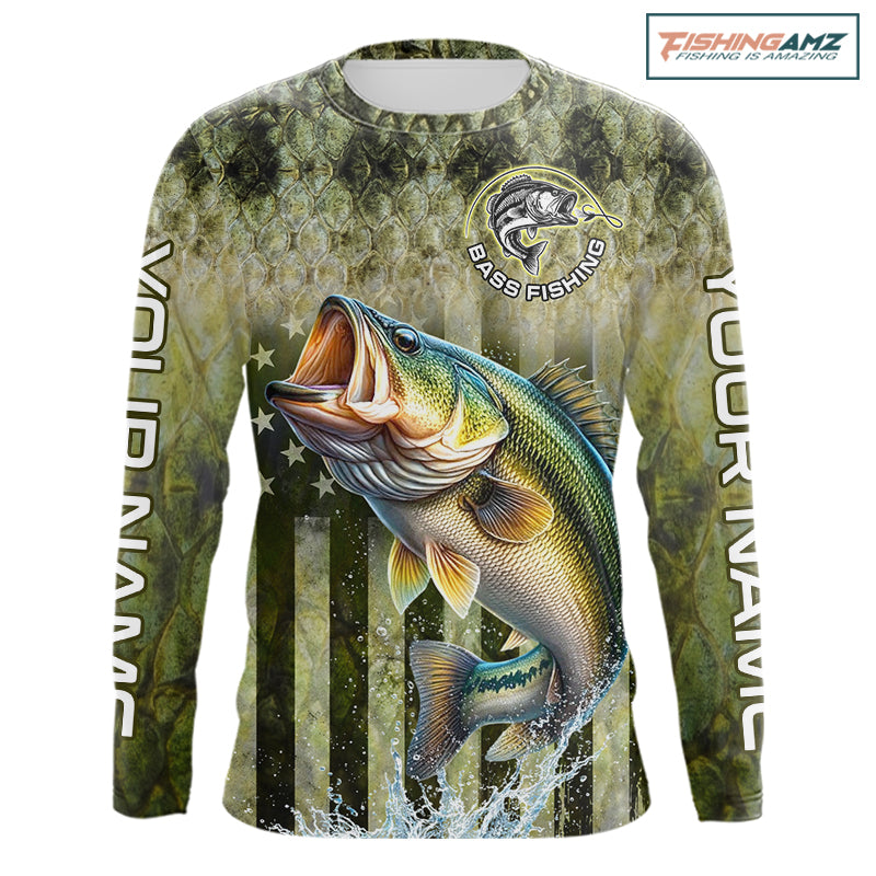 Design American Flag and Custom Bass Fishing Shirt 3D Personalized Team Name Long Sleeve UV Protection Fishing Jersey