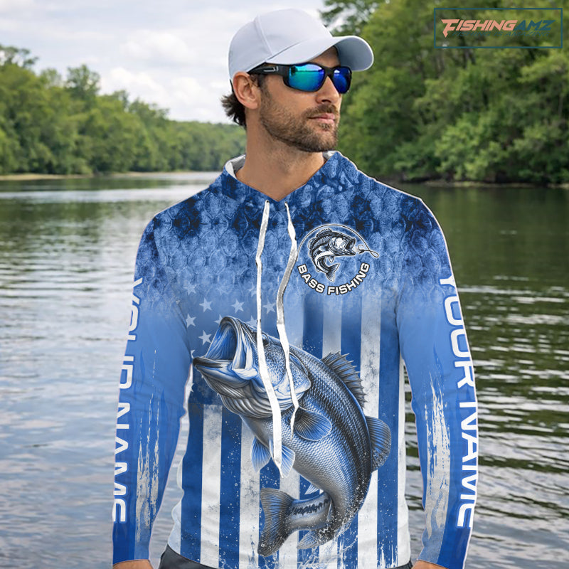 Custom Bass Fishing Shirt 3D Personalized Team Name Long Sleeve Hooded UV Protection Fishing Jersey|Blue