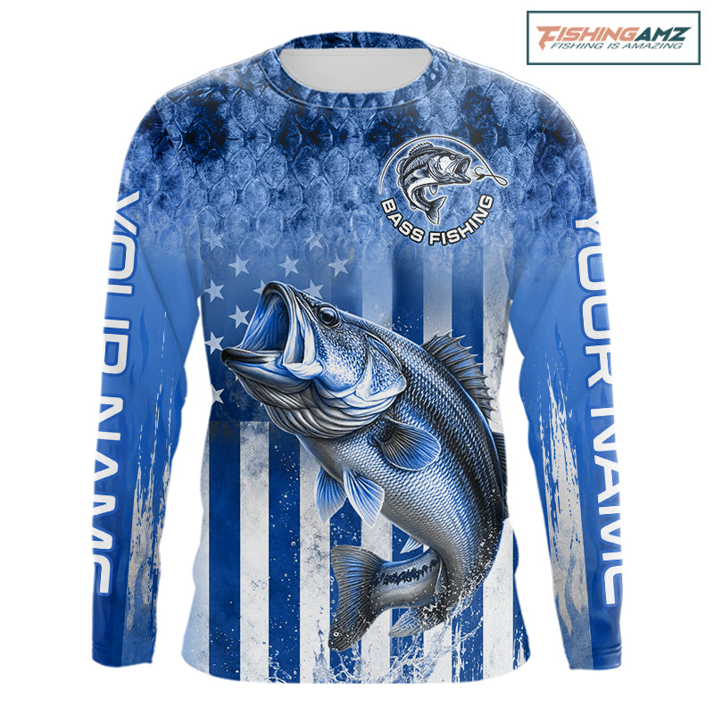 Custom Bass Fishing Shirt 3D Personalized Team Name Long Sleeve UV Protection Fishing Jersey|Blue