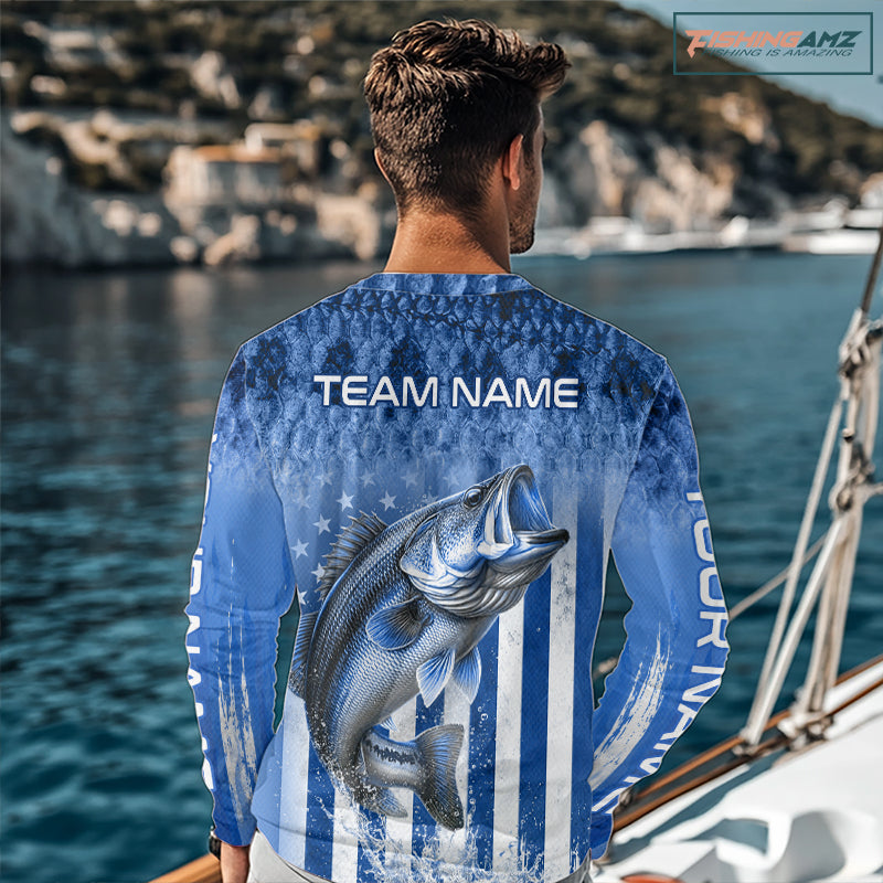 Custom Bass Fishing Shirt 3D Personalized Team Name Long Sleeve UV Protection Fishing Jersey|Blue