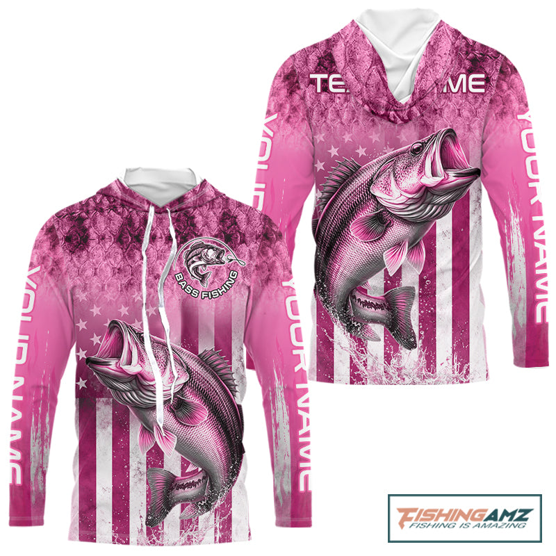 Custom Bass Fishing Shirt 3D Personalized Team Name Long Sleeve Hooded UV Protection Fishing Jersey|Pink