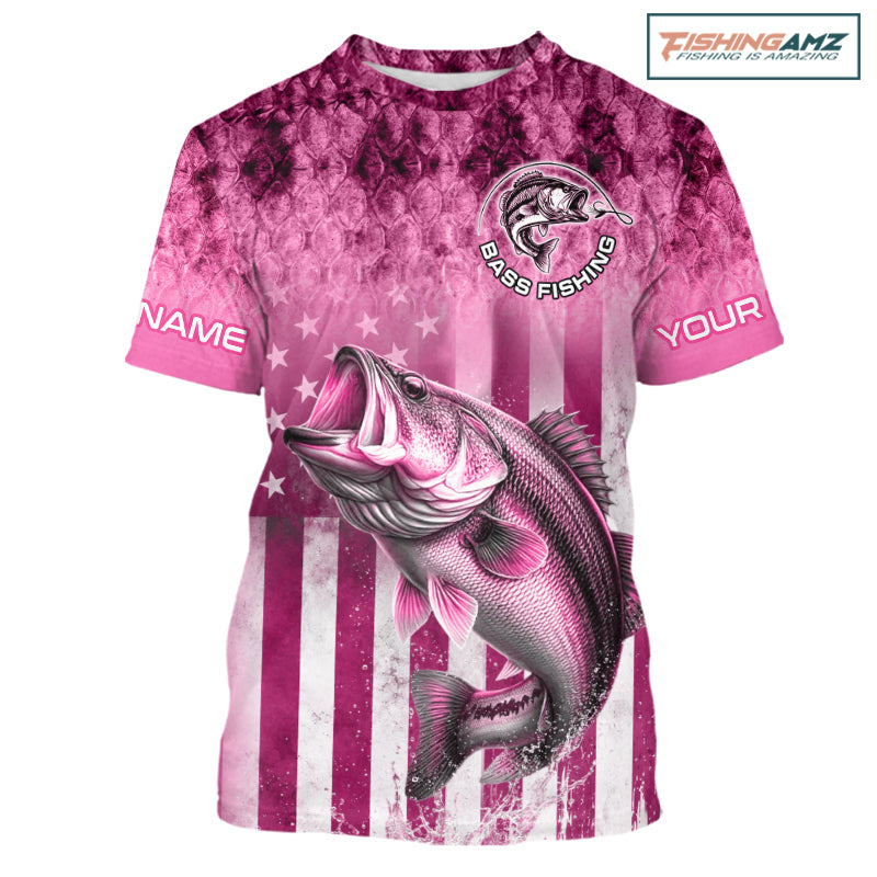 Design American Flag and Custom Pink Bass Shirt 3D Personalized Team Name Fishing T - Shirt UV Protection Fishing Jersey