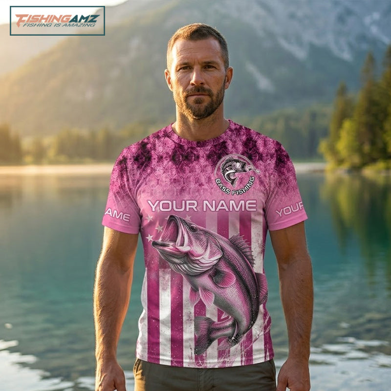 Design American Flag and Custom Pink Bass Shirt 3D Personalized Team Name Fishing T - Shirt UV Protection Fishing Jersey