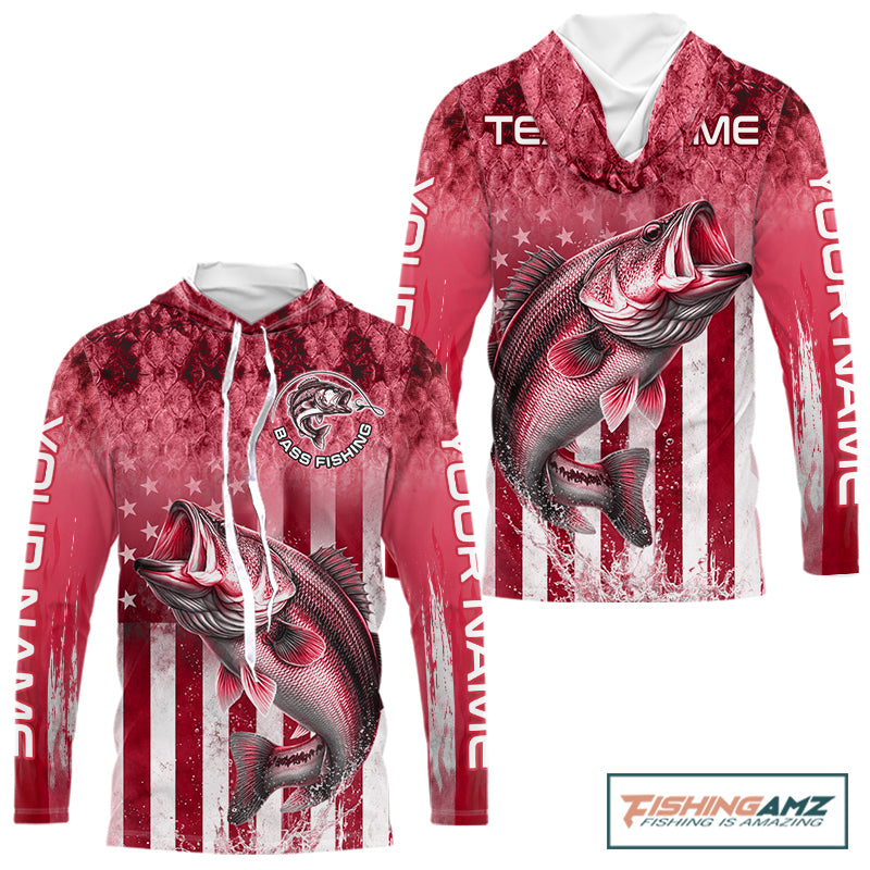 Custom Bass Fishing Shirt 3D Personalized Team Name Long Sleeve Hooded UV Protection Fishing Jersey|Red