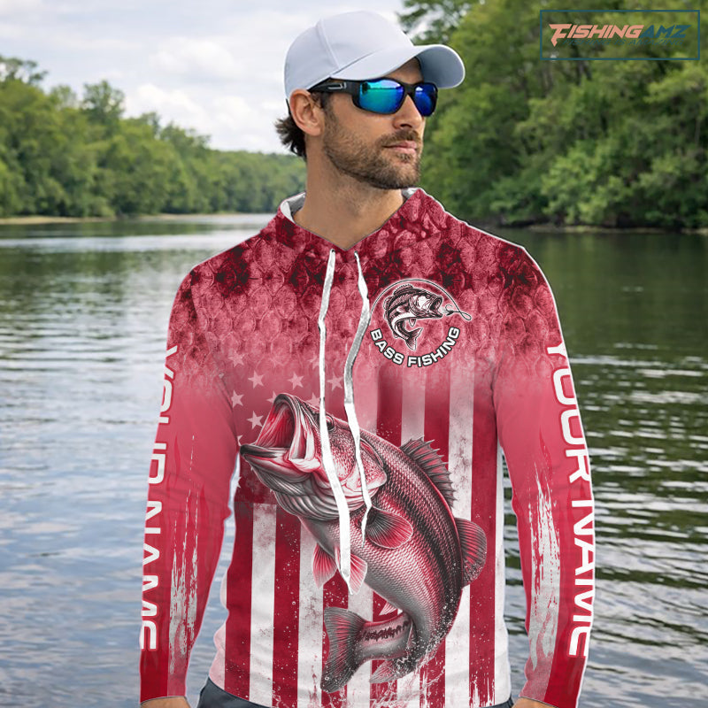 Custom Bass Fishing Shirt 3D Personalized Team Name Long Sleeve Hooded UV Protection Fishing Jersey|Red