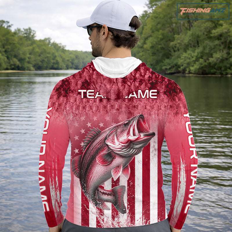 Custom Bass Fishing Shirt 3D Personalized Team Name Long Sleeve Hooded UV Protection Fishing Jersey|Red
