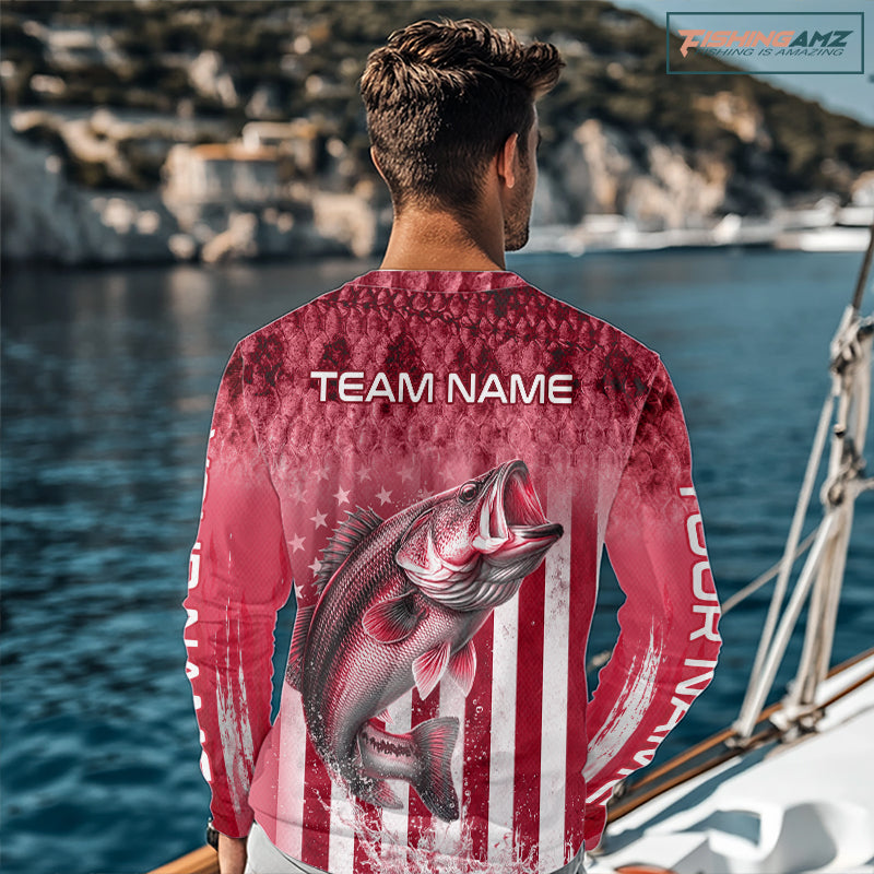Design American Flag Custom Bass Fishing Shirt 3D Personalized Team Name Long Sleeve UV Protection Fishing Jersey|Red