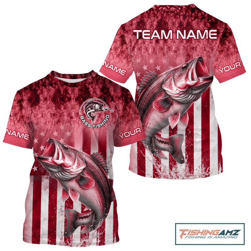Design American Flag and Custom Red Bass Shirt 3D Personalized Team Name Fishing T - Shirt UV Protection Fishing Jersey