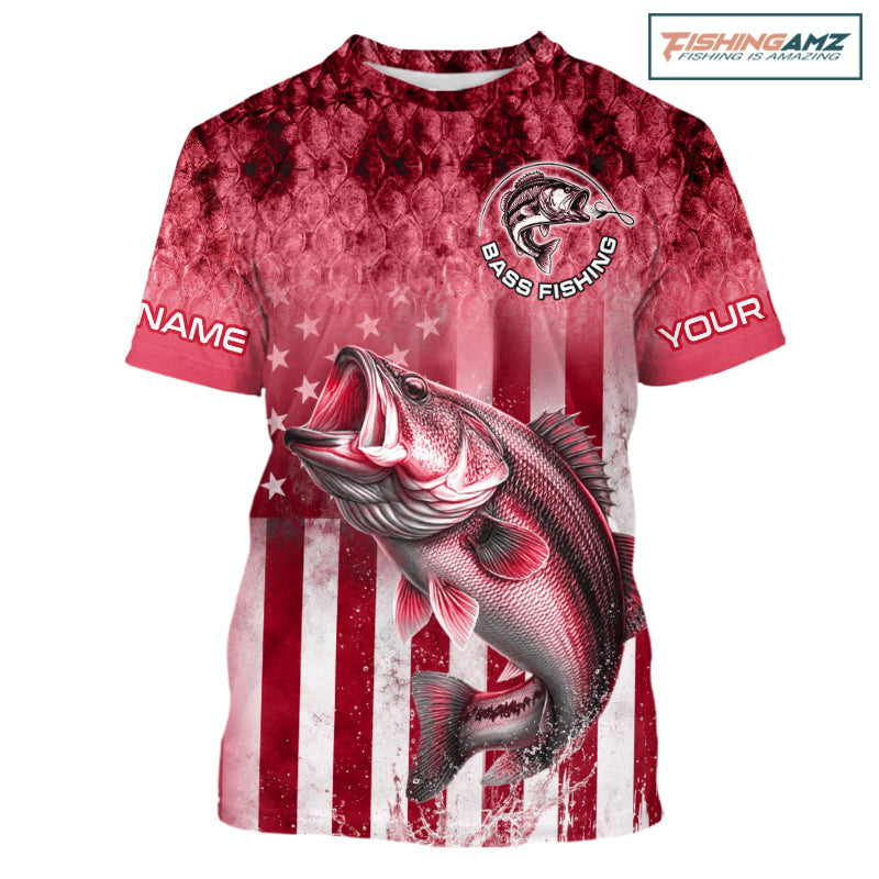 Design American Flag and Custom Red Bass Shirt 3D Personalized Team Name Fishing T - Shirt UV Protection Fishing Jersey