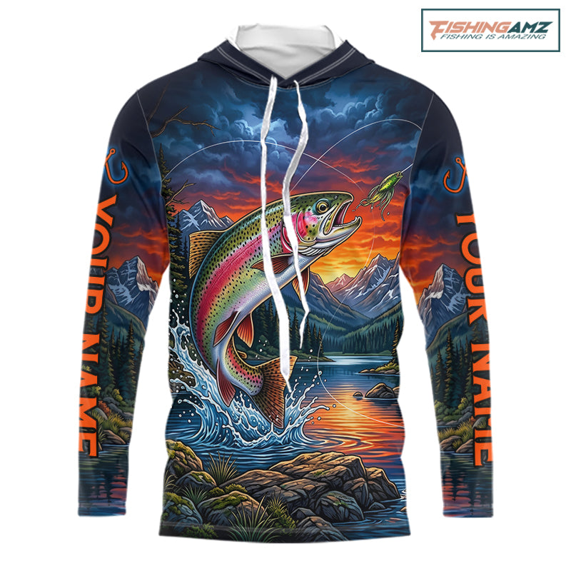 Personalized Rainbow Trout Hooded Fishing Shirt, Mountain River Fishing Jersey, Custom Team Shirt NHT1579