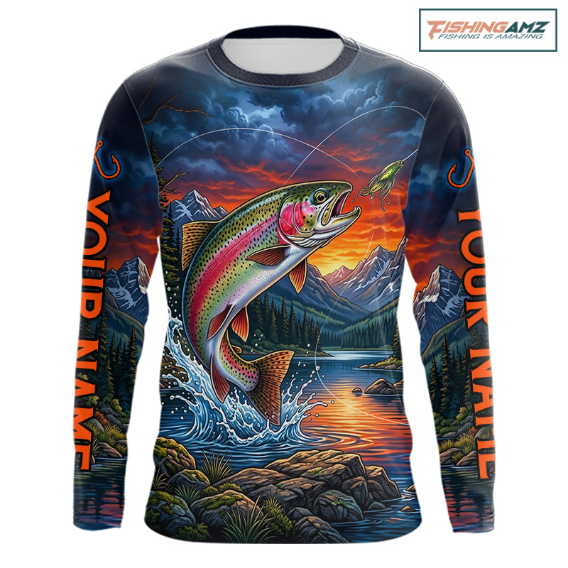 Personalized Rainbow Trout Fishing Shirt, Mountain River Fishing Jersey, Custom Team Shirt NHT1579