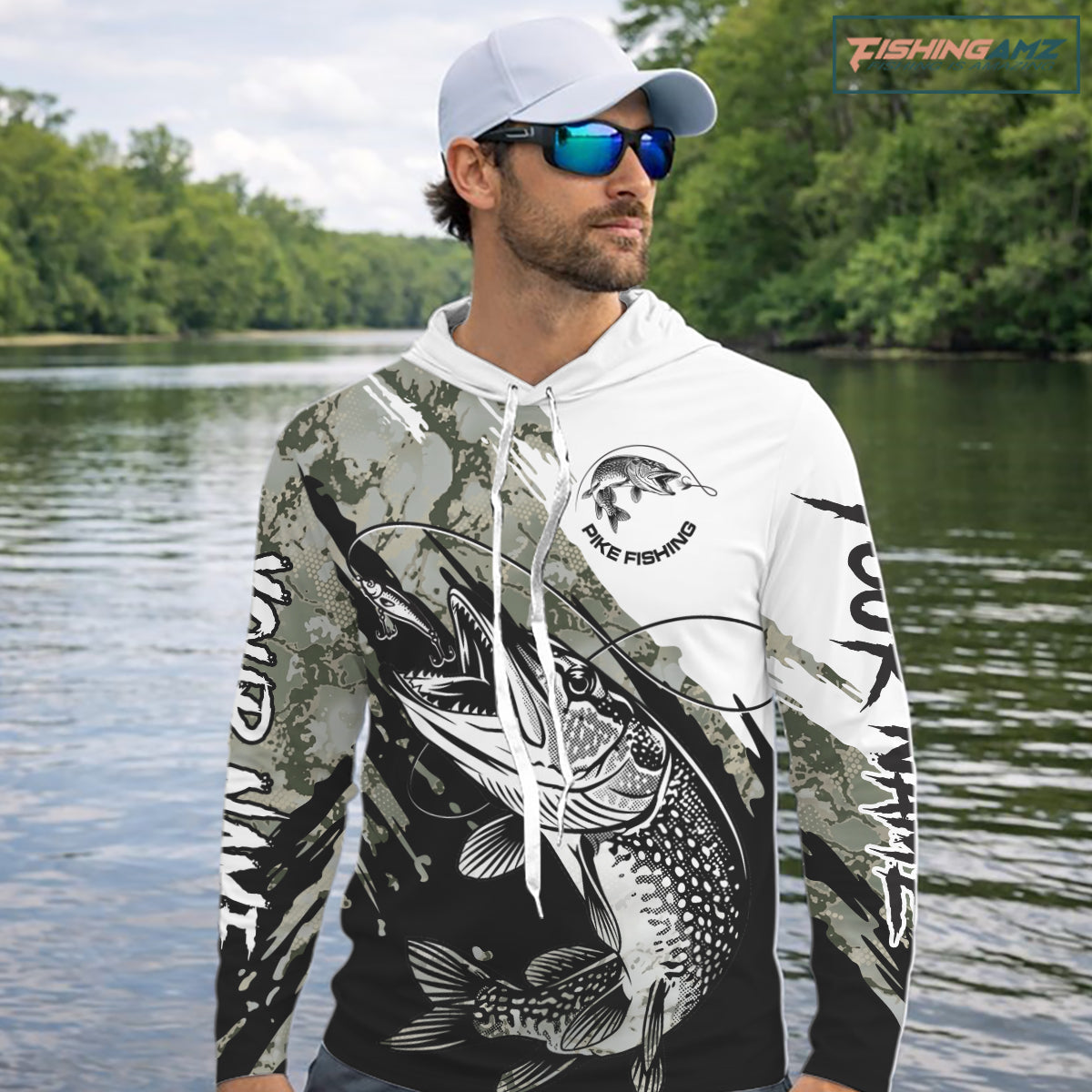 Personalized Gray Camo Northern Pike Fishing Jersey, Team Pike Fishing Long Sleeve Hooded Tournament Shirt NHT816