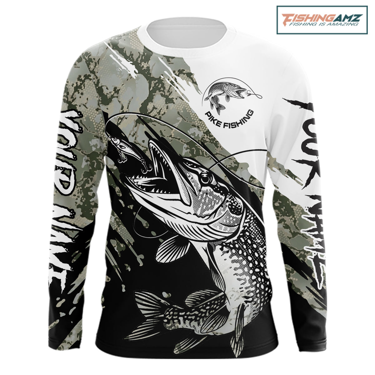 Personalized Gray Camo Northern Pike Fishing Jersey, Team Pike Fishing Long Sleeve Tournament Shirt NHT816