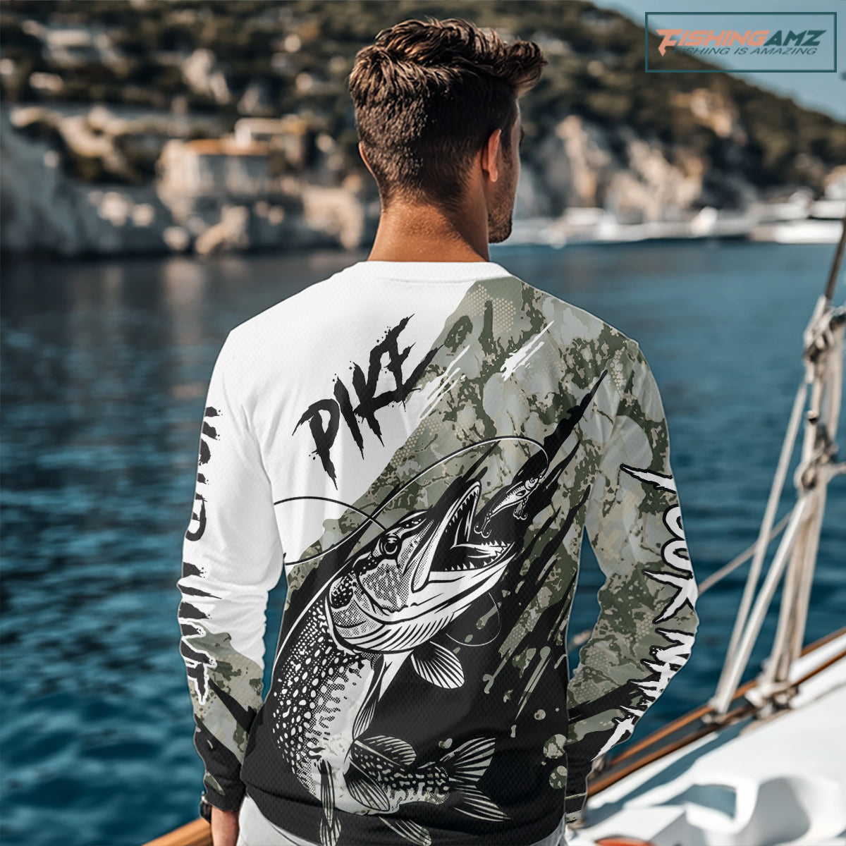 Personalized Gray Camo Northern Pike Fishing Jersey, Team Pike Fishing Long Sleeve Tournament Shirt NHT816