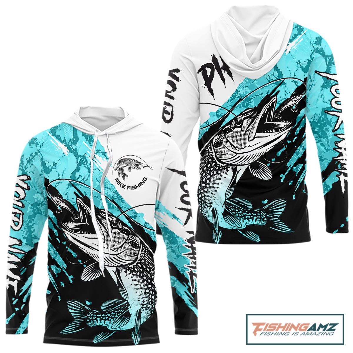 Personalized Turquoise Northern Pike Fishing Jersey, Team Pike Fishing Long Sleeve Hooded Shirt NHT817