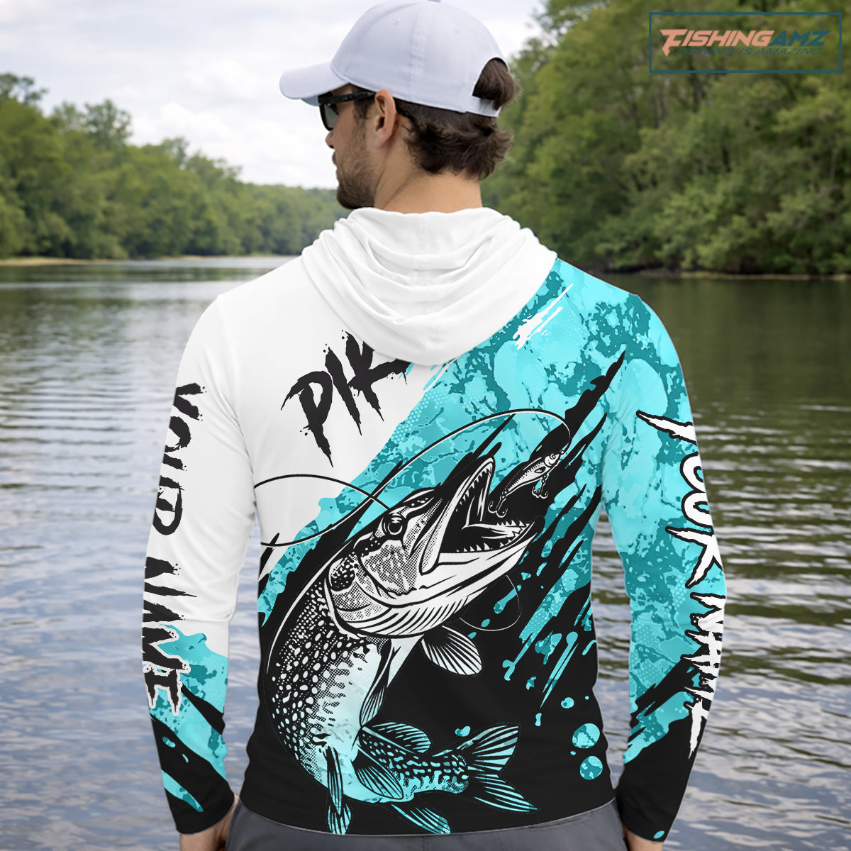 Personalized Turquoise Northern Pike Fishing Jersey, Team Pike Fishing Long Sleeve Hooded Shirt NHT817