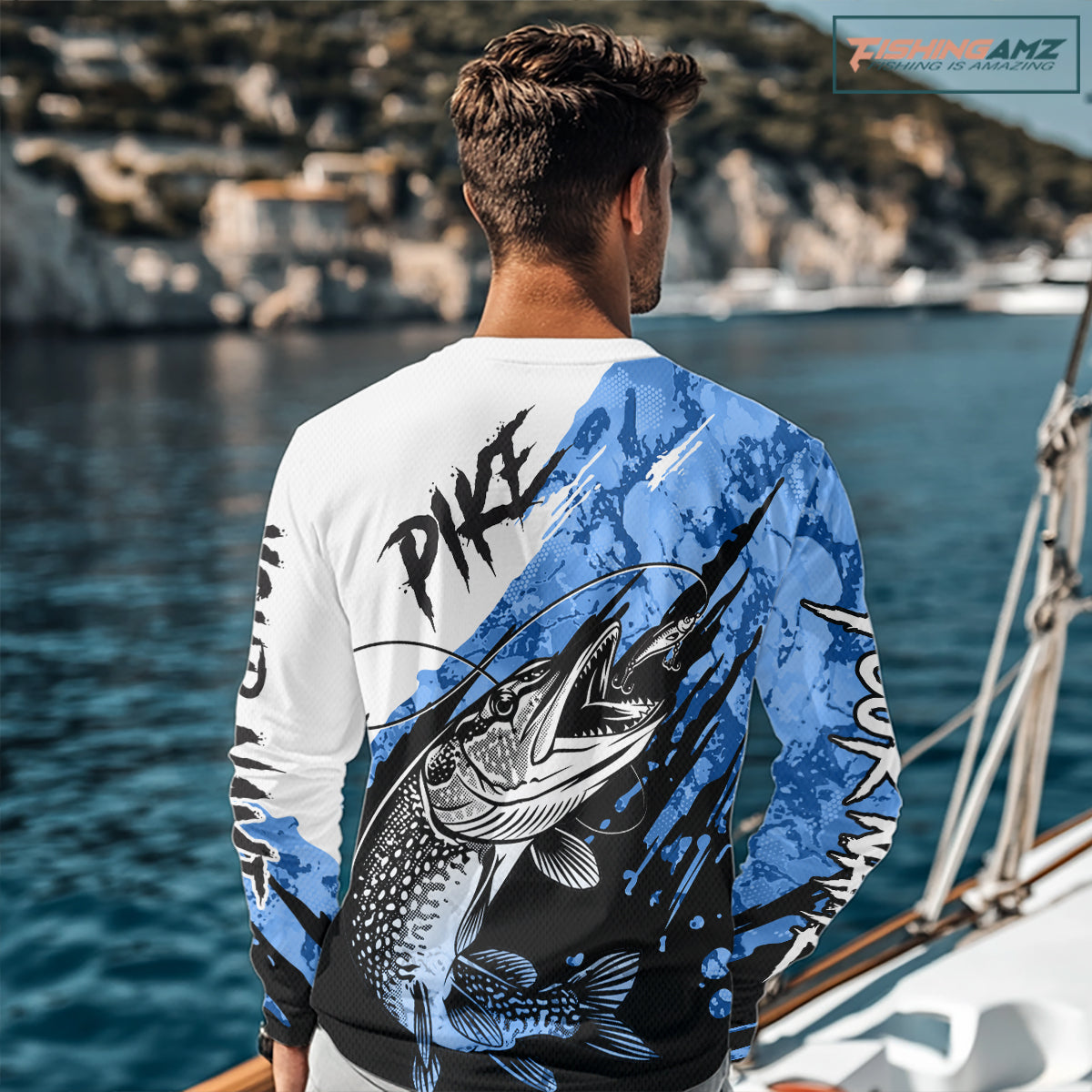 Personalized Blue Northern Pike Fishing Jersey, Team Pike Fishing Long Sleeve Tournament Shirt NHT818