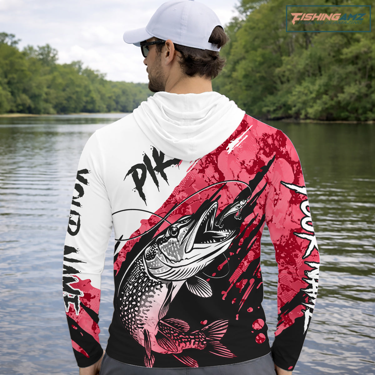 Personalized Red Northern Pike Fishing Jersey, Team Pike Fishing Long Sleeve Hooded Tournament Shirt NHT819