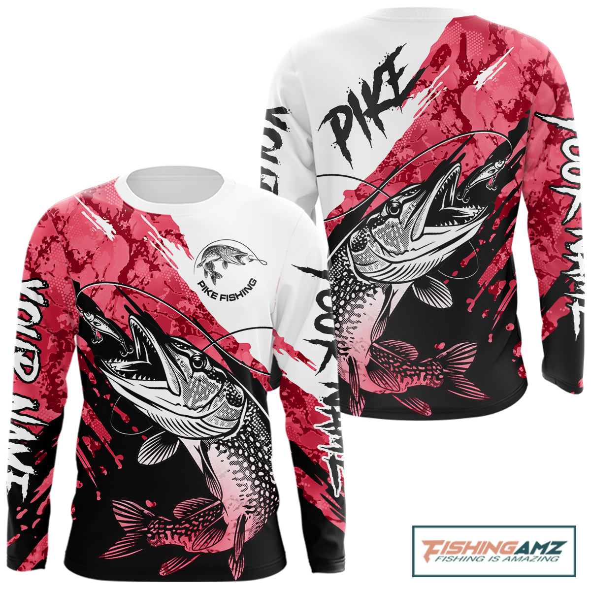 Personalized Red Northern Pike Fishing Jersey, Team Pike Fishing Long Sleeve Tournament Shirt NHT819