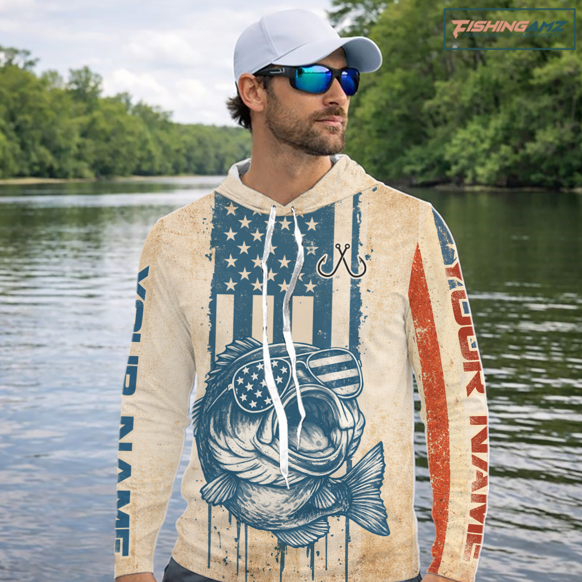 Custom Vintage Bass Funny Hooded Long Sleeve Fishing Shirt For Men, Bass Patriotic Fishing Shirt NHT601