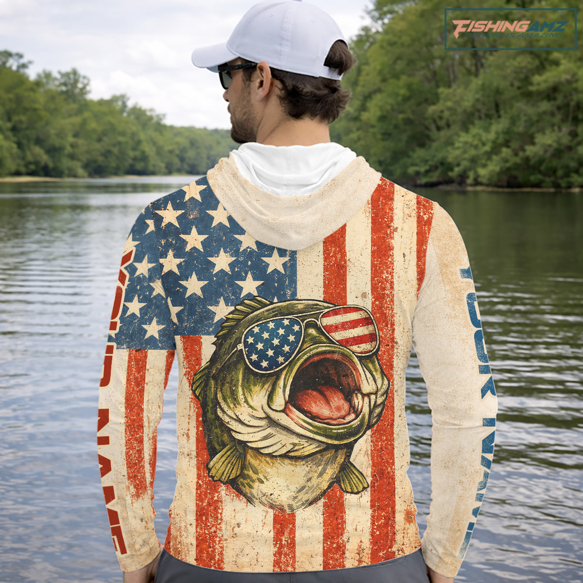 Custom Vintage Bass Funny Hooded Long Sleeve Fishing Shirt For Men, Bass Patriotic Fishing Shirt NHT601