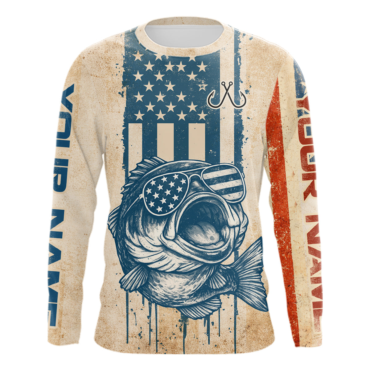 Custom Vintage Bass Funny Long Sleeve Fishing Shirt For Men, Bass Patriotic Fishing Shirt NHT601