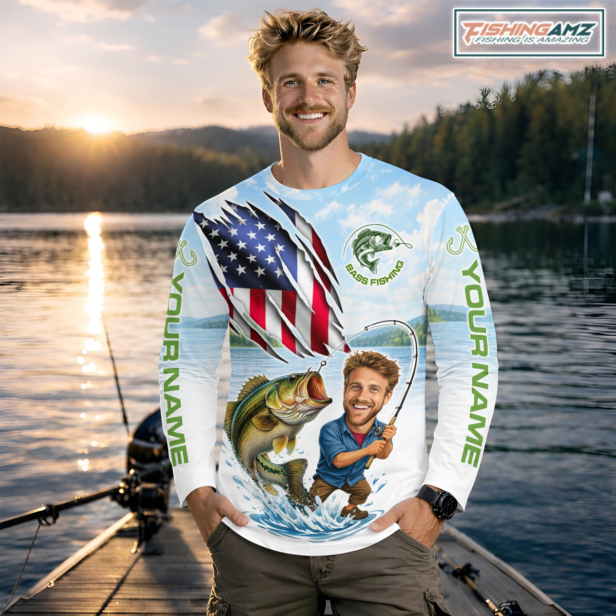 Personalized Bass Fishing Shirts Long Sleeve Custom Funny Face Bass Fishing Patriot Shirt NHT604