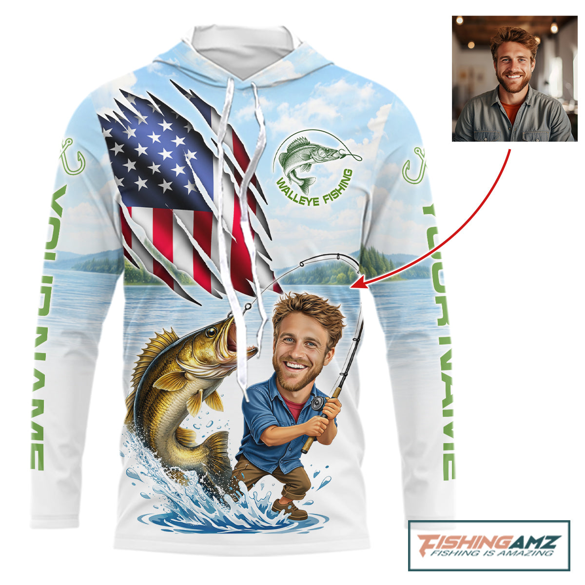 Personalized Walleye Fishing Shirts Long Sleeve Hooded Custom Funny Face Walleye Fishing Patriot Shirt NHT605