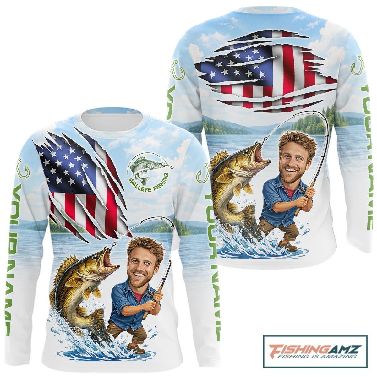 Personalized Walleye Fishing Shirts Long Sleeve Custom Funny Face Walleye Fishing Patriot Shirt NHT605