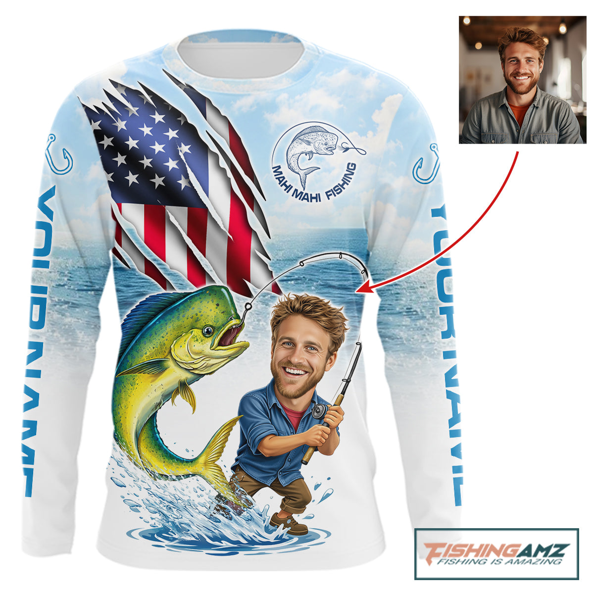 Personalized Mahi Mahi Fishing Shirts Long Sleeve Custom Funny Face Mahi Mahi Fishing Patriot Shirt NHT606