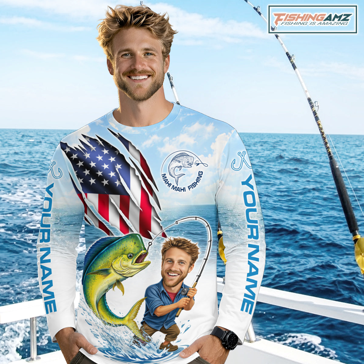 Personalized Mahi Mahi Fishing Shirts Long Sleeve Custom Funny Face Mahi Mahi Fishing Patriot Shirt NHT606