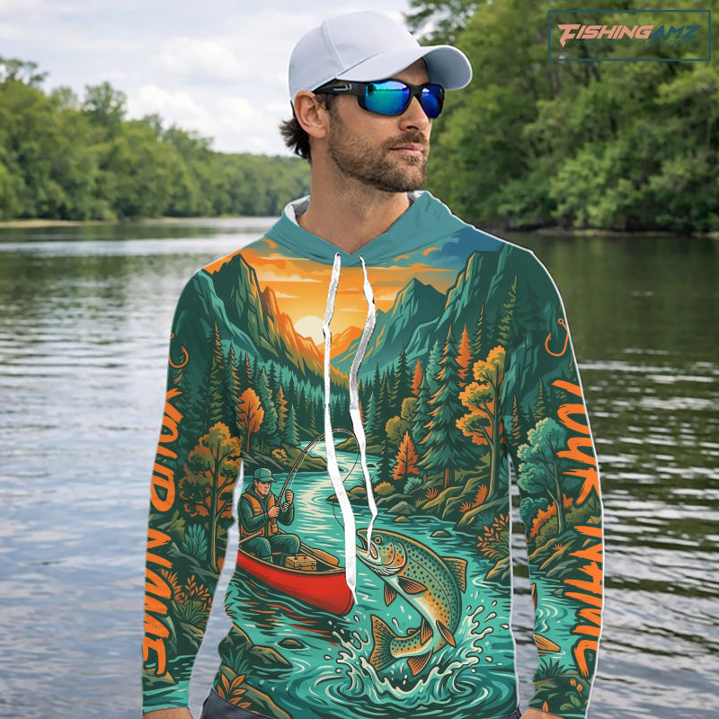 Trout Fishing 3D Long Sleeve Hooded Shirt Mountain River Landscape Fishing Apparel For Men
