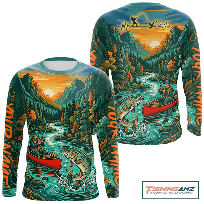 Trout Fishing 3D Long Sleeve Shirt Mountain River Landscape Fishing Apparel For Men NHT1135