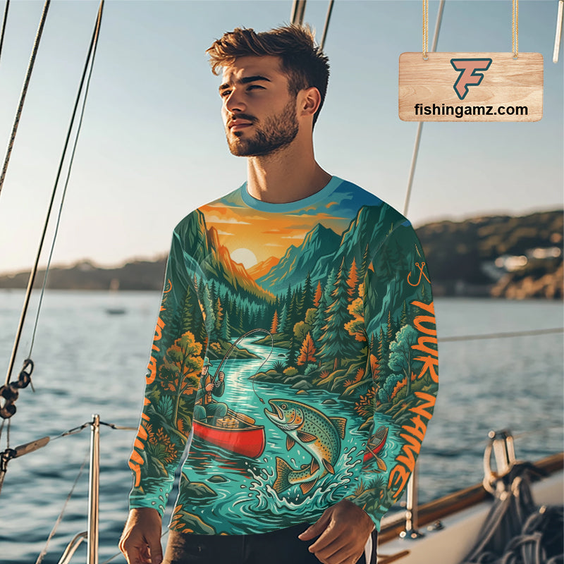 Trout Fishing 3D Long Sleeve Shirt Mountain River Landscape Fishing Apparel For Men
