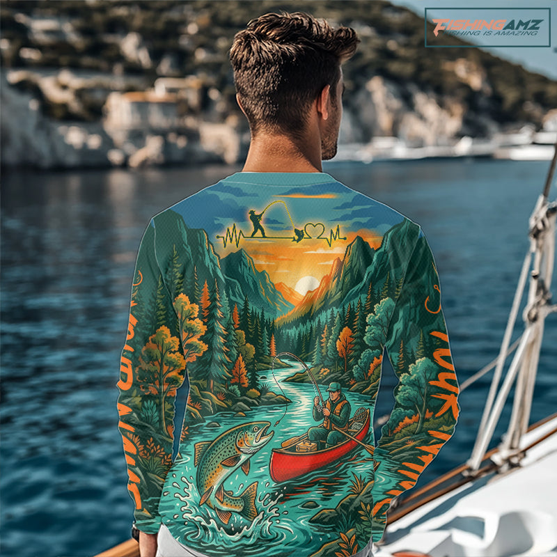Trout Fishing 3D Long Sleeve Shirt Mountain River Landscape Fishing Apparel For Men