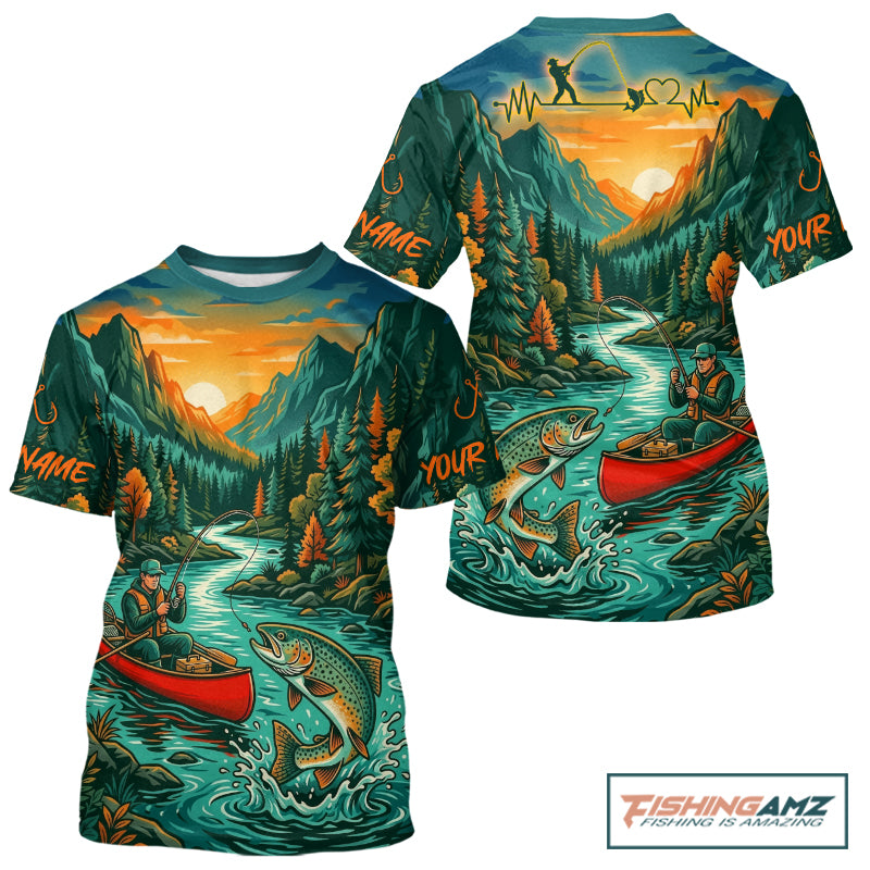 Trout Fishing 3D Short Sleeve Shirt Mountain River Landscape Fishing Apparel For Men