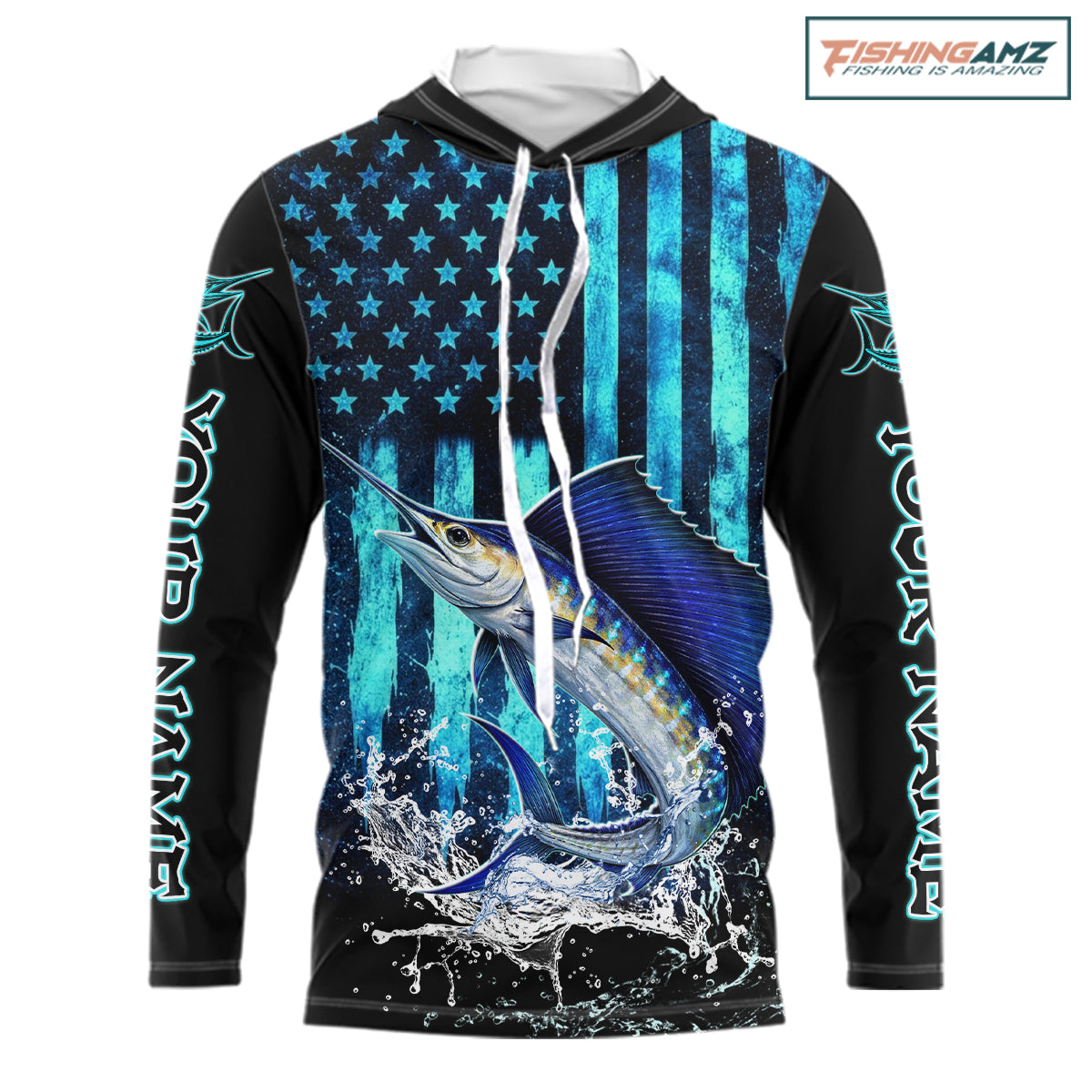 Custom Patriotic Sailfish Fishing Shirts Long Sleeve Hooded, Blue American Flag Sailfish Saltwater Fishing Shirt NHT616