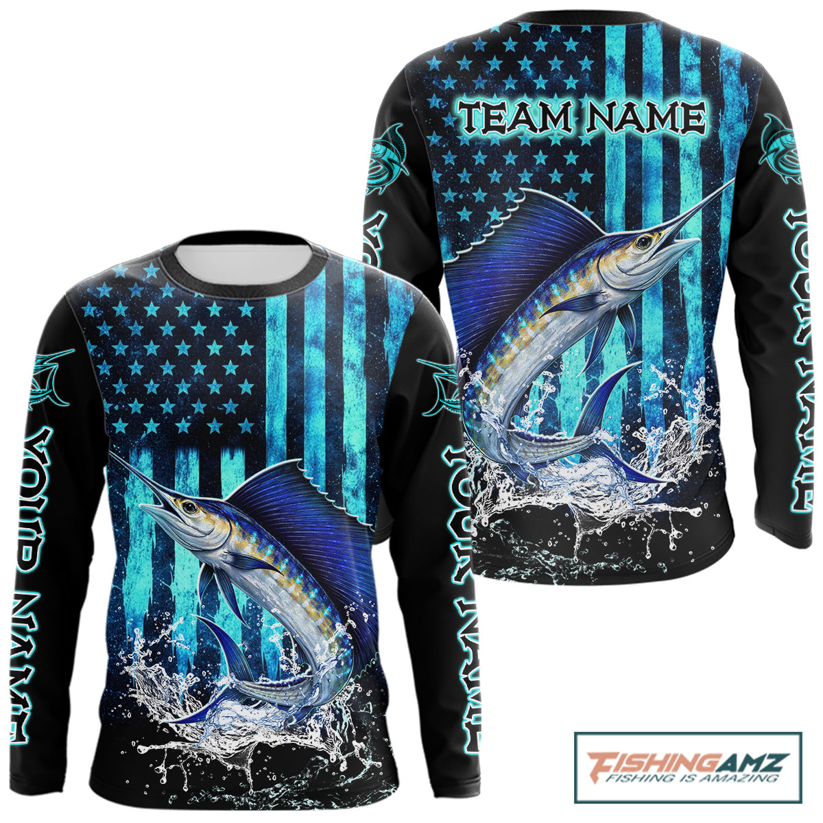 Custom Patriotic Sailfish Fishing Shirts Long Sleeve, Blue American Flag Sailfish Saltwater Fishing Shirt NHT616