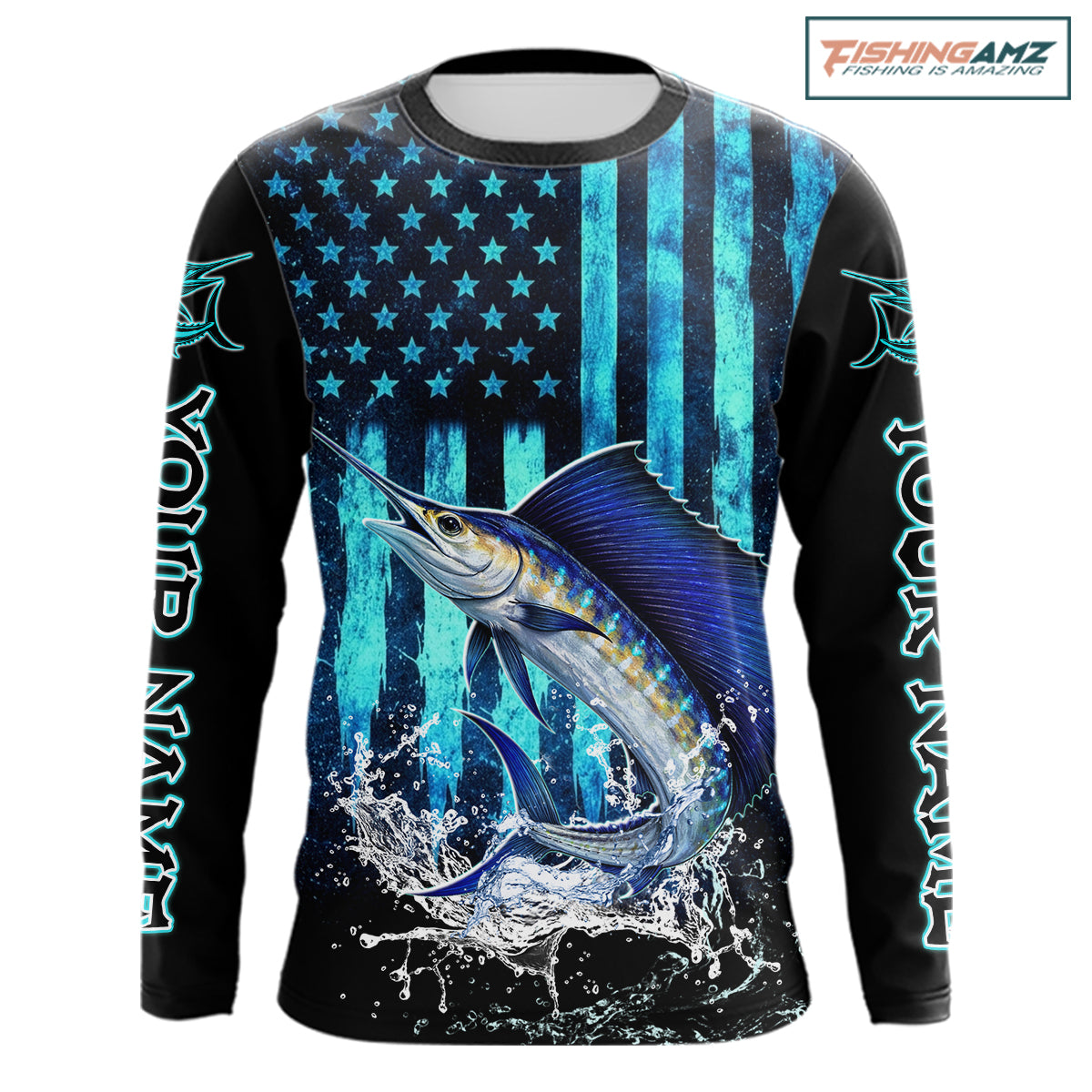Custom Patriotic Sailfish Fishing Shirts Long Sleeve, Blue American Flag Sailfish Saltwater Fishing Shirt NHT616