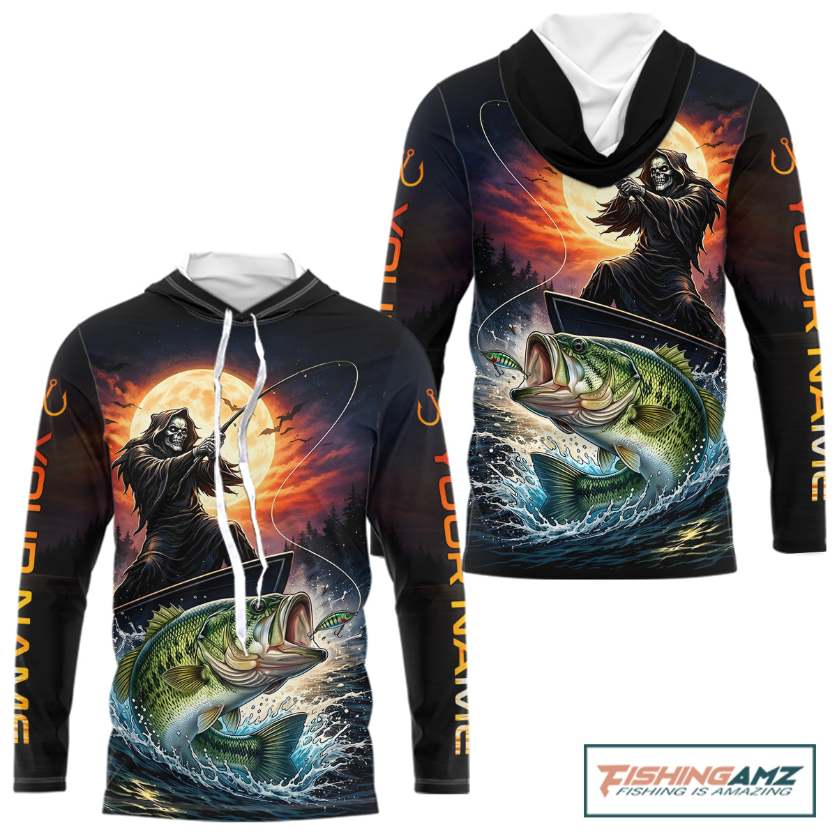 Personalized Fish Reaper Fishing Shirts Jerseys, Fish Reaper Sunset Bass Fishing Shirts Long Sleeve Hooded NHT829