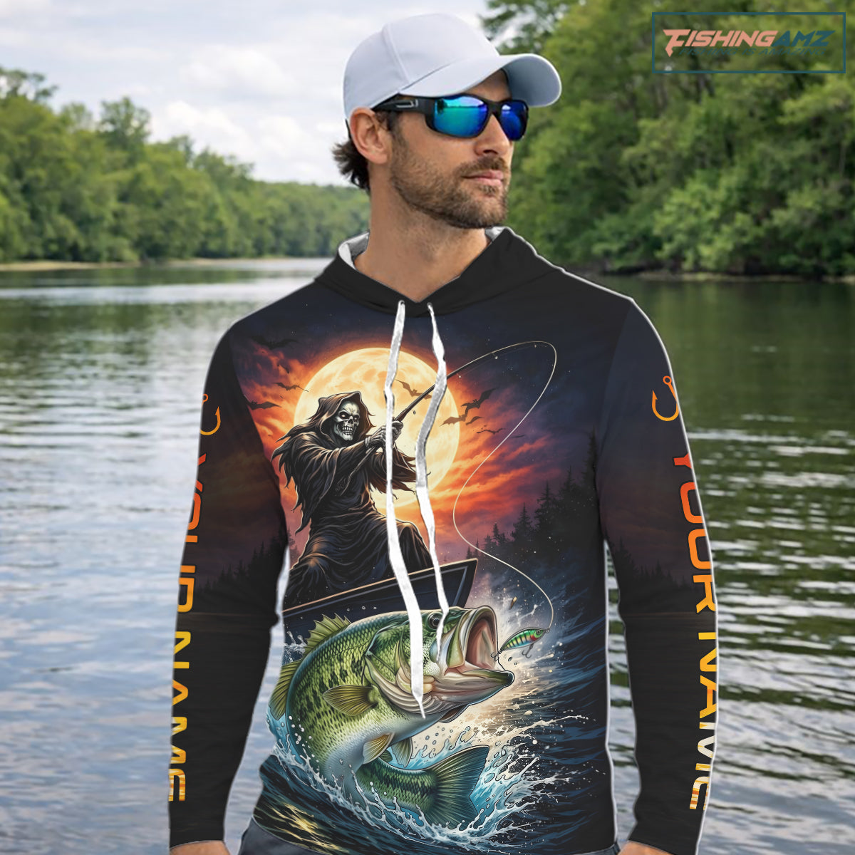 Personalized Fish Reaper Fishing Shirts Jerseys, Fish Reaper Sunset Bass Fishing Shirts Long Sleeve Hooded NHT829