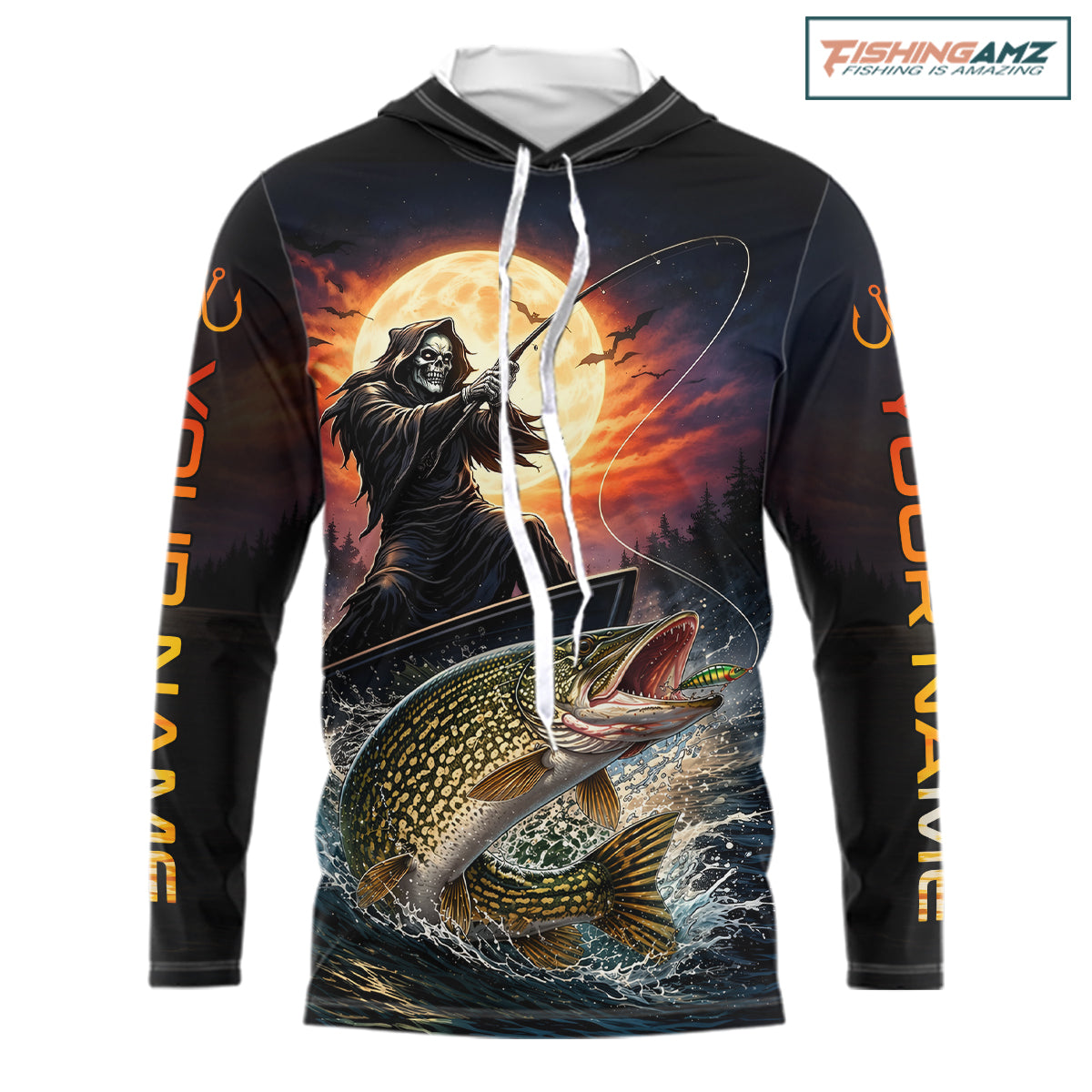 Personalized Fish Reaper Fishing Shirts Jerseys, Fish Reaper Sunset Pike Fishing Shirts Long Sleeve Hooded NHT830