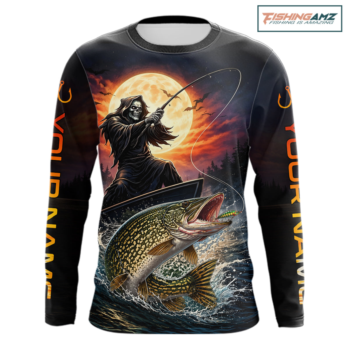 Personalized Fish Reaper Fishing Shirts Jerseys, Fish Reaper Sunset Pike Fishing Shirts Long Sleeve NHT830