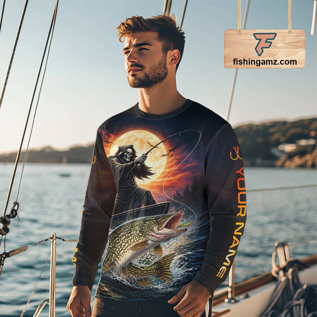 Personalized Fish Reaper Fishing Shirts Jerseys, Fish Reaper Sunset Pike Fishing Shirts Long Sleeve NHT830