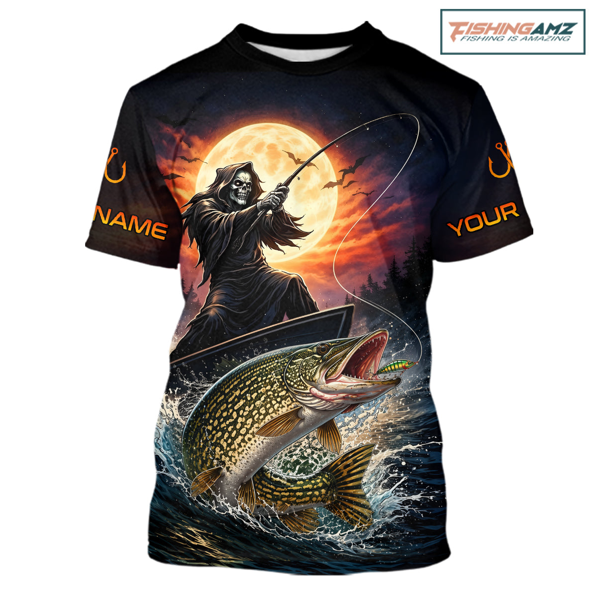 Personalized Fish Reaper Fishing Shirts Jerseys, Fish Reaper Sunset Pike Fishing Shirts T - Shirt NHT830