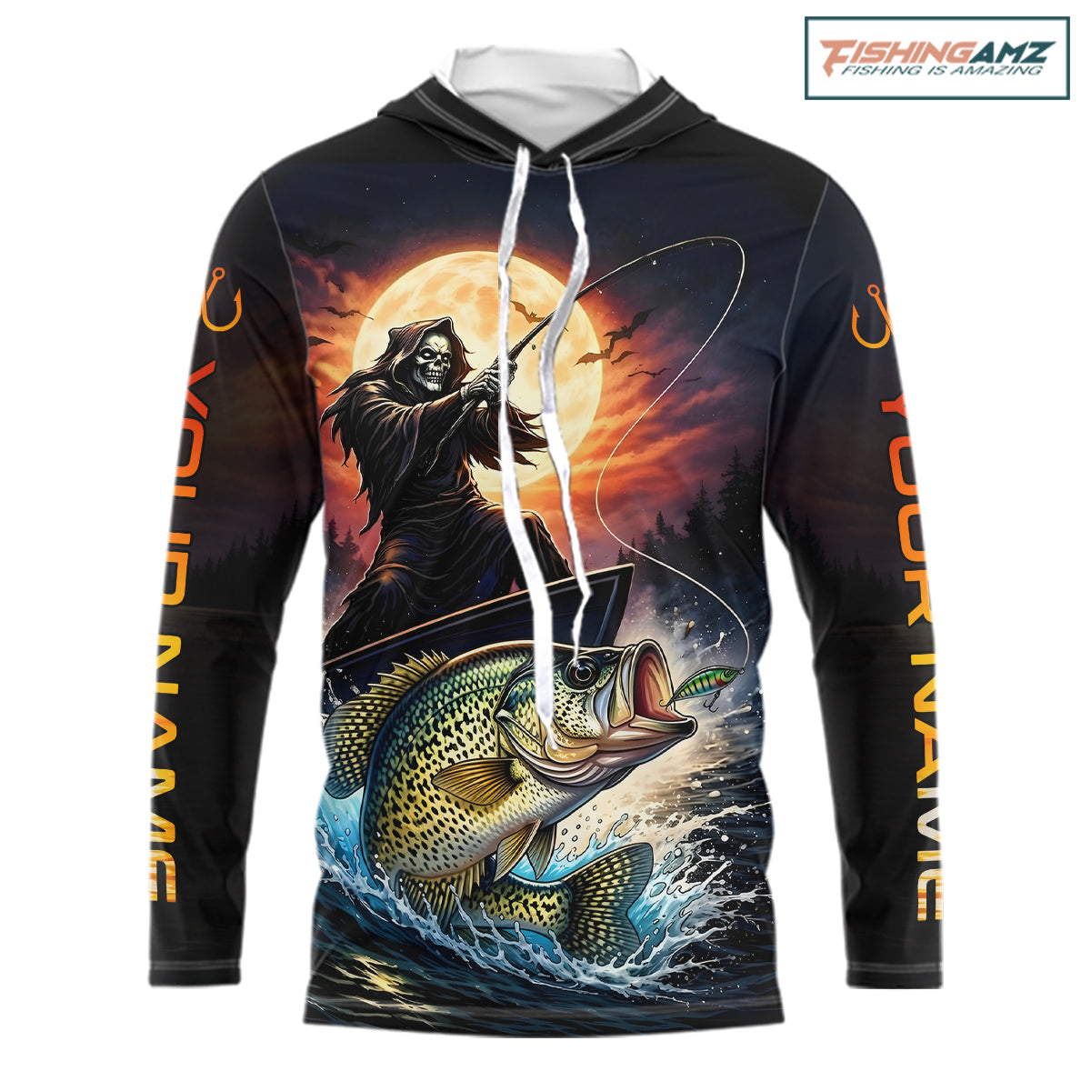 Personalized Fish Reaper Fishing Shirts Jerseys, Fish Reaper Sunset Crappie Fishing Shirts Long Sleeve Hooded NHT831