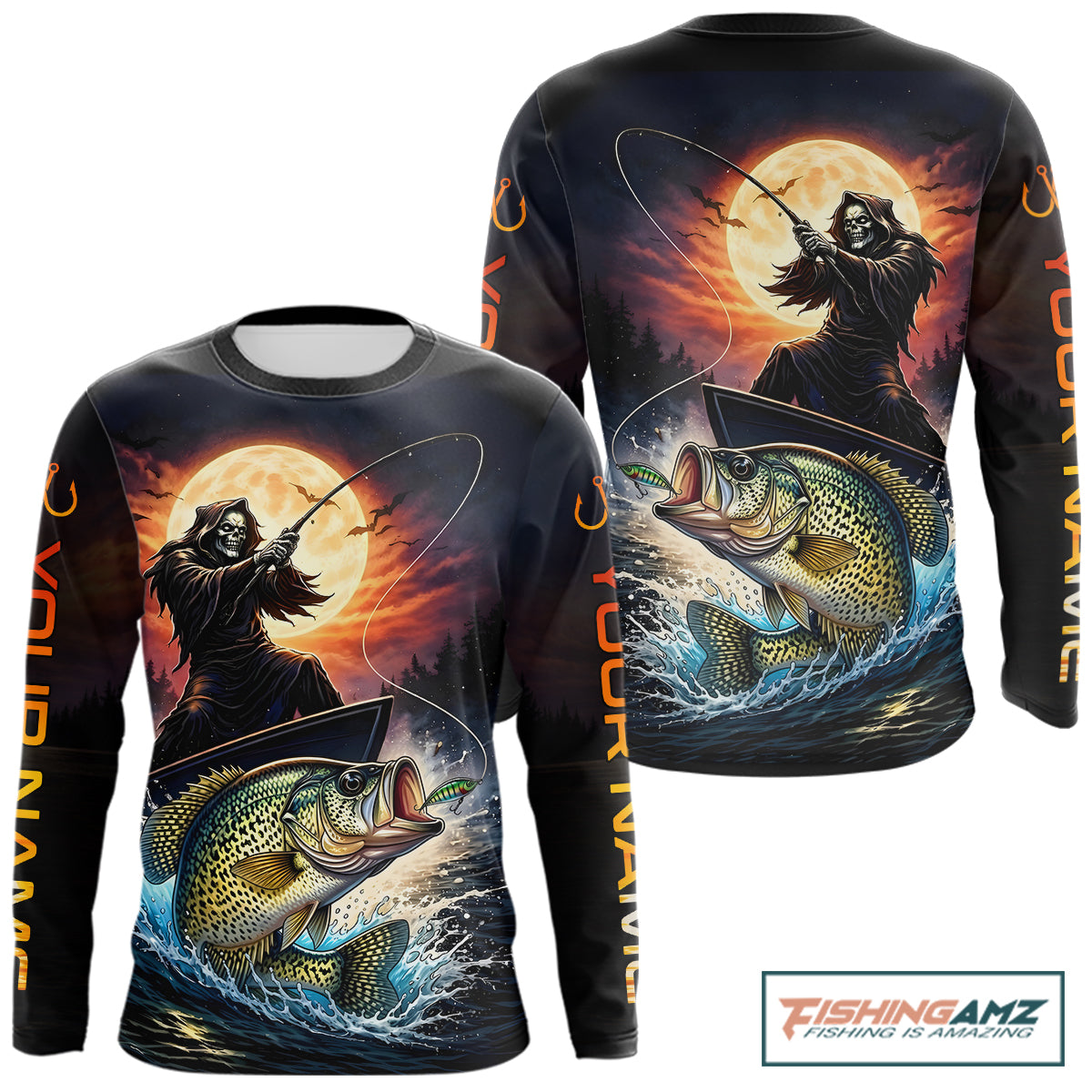 Personalized Fish Reaper Fishing Shirts Jerseys, Fish Reaper Sunset Crappie Fishing Shirts Long Sleeve NHT831