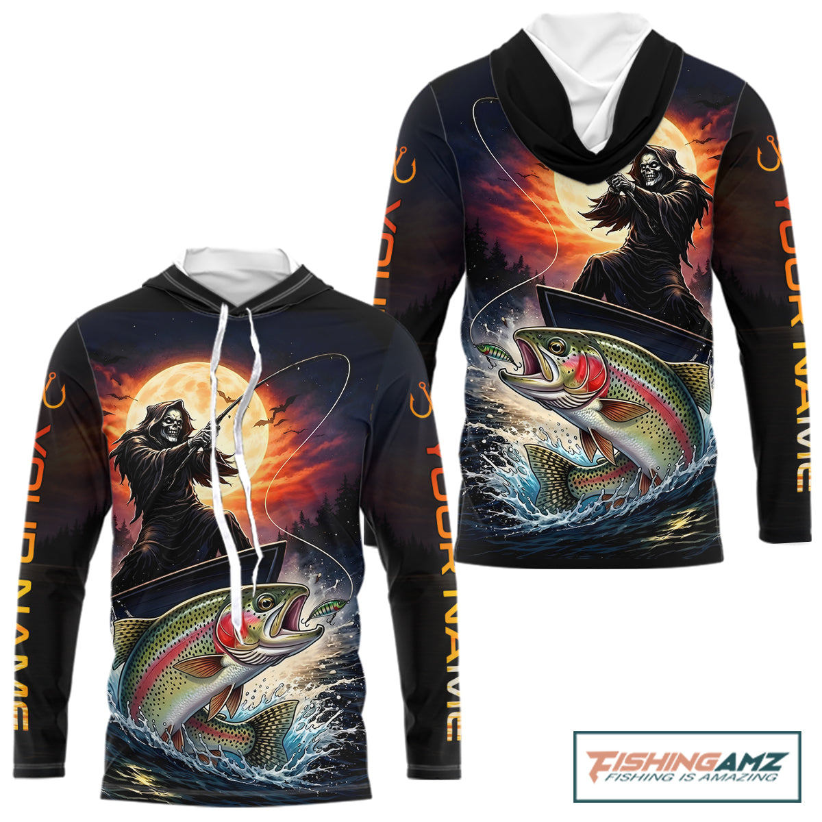 Personalized Fish Reaper Fishing Jerseys, Fish Reaper Sunset Rainbow Trout Fishing Shirts Long Sleeve Hooded NHT832